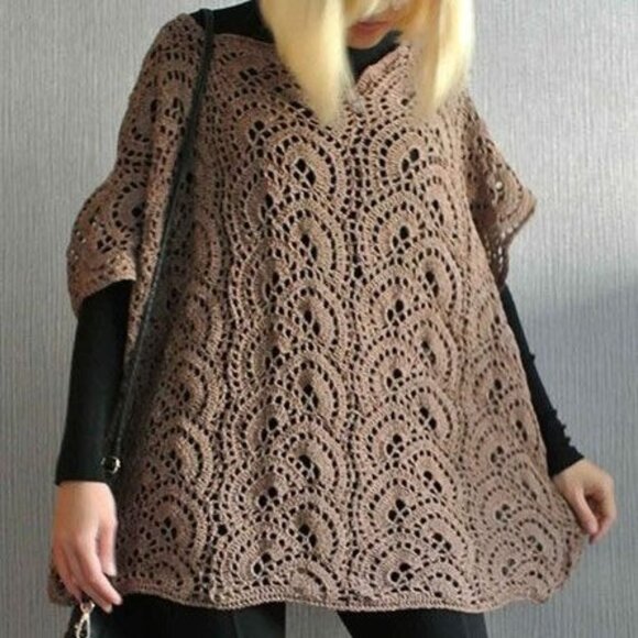 Tan Camel Crochet High Collar Pull Over Side Snap Closure Coastal Boho Poncho - Picture 1 of 12